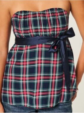 Hollister Strapless Plaid Tie-Waist Top in Navy, Red, Green